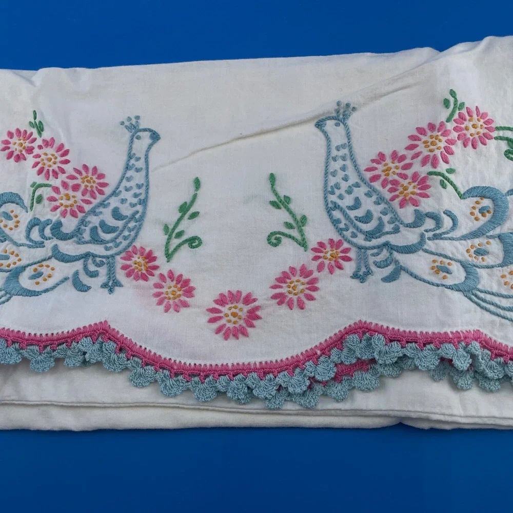 VTG Hand Embroidered Crewel Pillowcases 3 White Peacock Floral 1950s Crochet x3